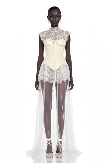 Michalina White Lace Convertible Gown with Detachable Skirt