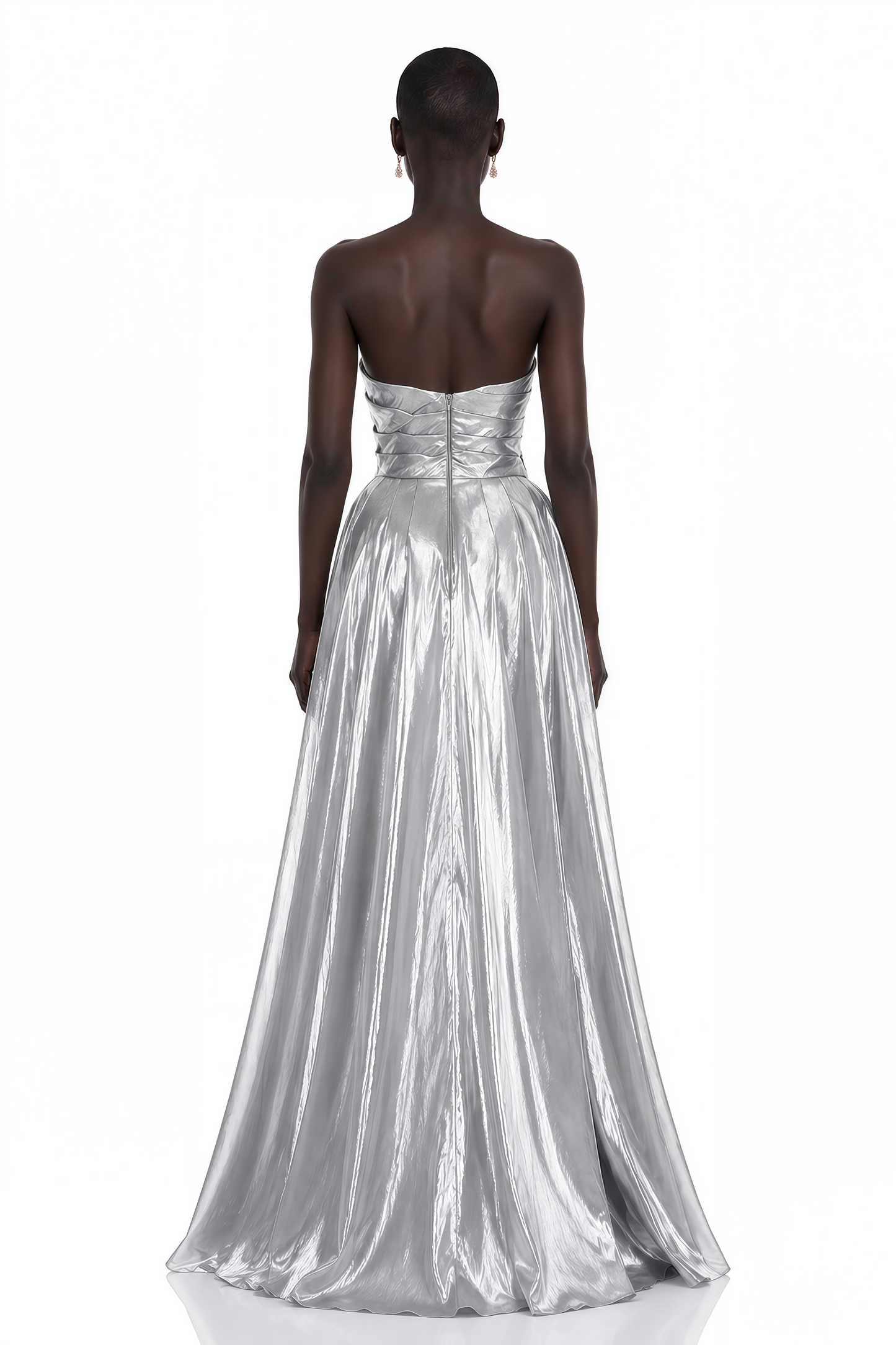 Adina Silver Glossy Asymmetrical Ruched Gown