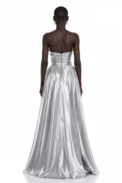 Adina Silver Glossy Asymmetrical Ruched Gown