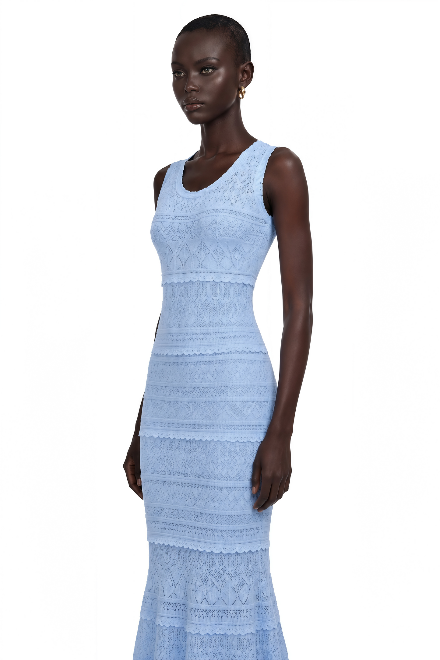 Mailys Blue Ruffled-Trim Crochet-Knit Midi Dress