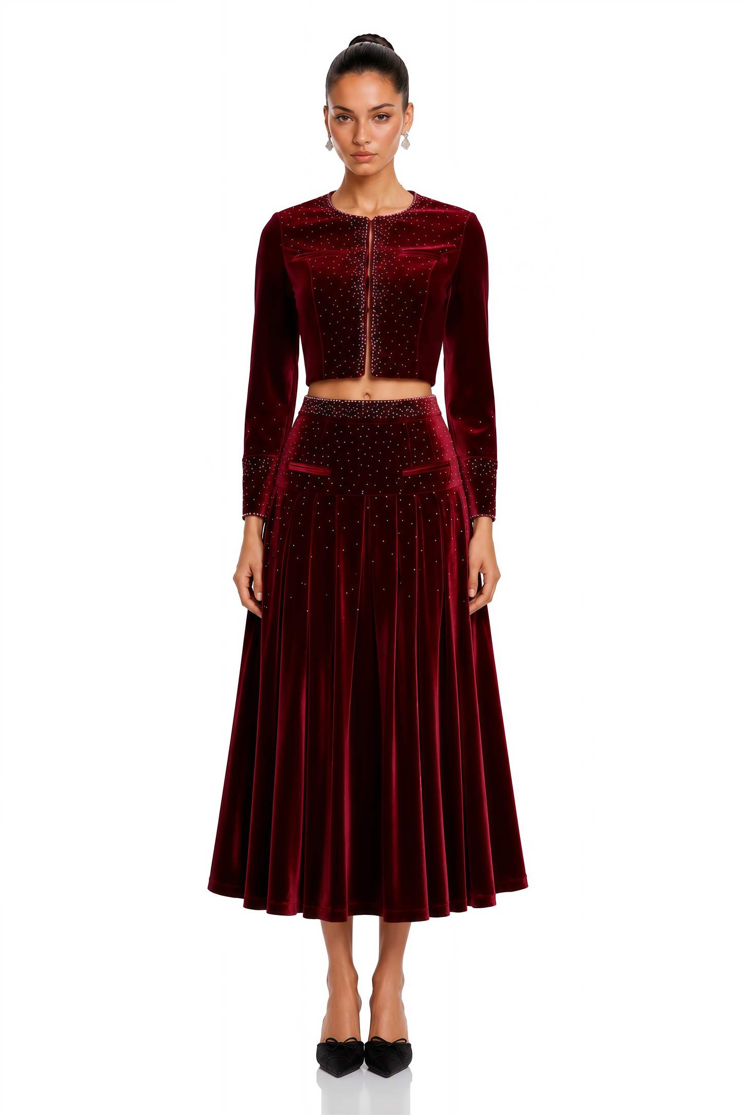 Candela Red Velvet Rhinestone Embellished Jacket & Skirt Set