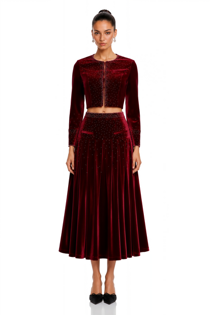 Candela Red Velvet Rhinestone Embellished Jacket & Skirt Set