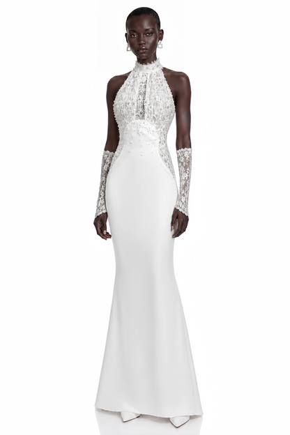 Isabelle White Turtleneck Sequin Ruched Maxi Dress (Without Gloves)