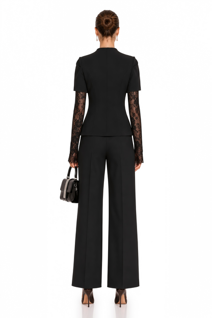 Saffron Black Collarless Blazer with Lace Trim