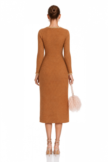 Epona Brown Braided-Edge Tweed Dress