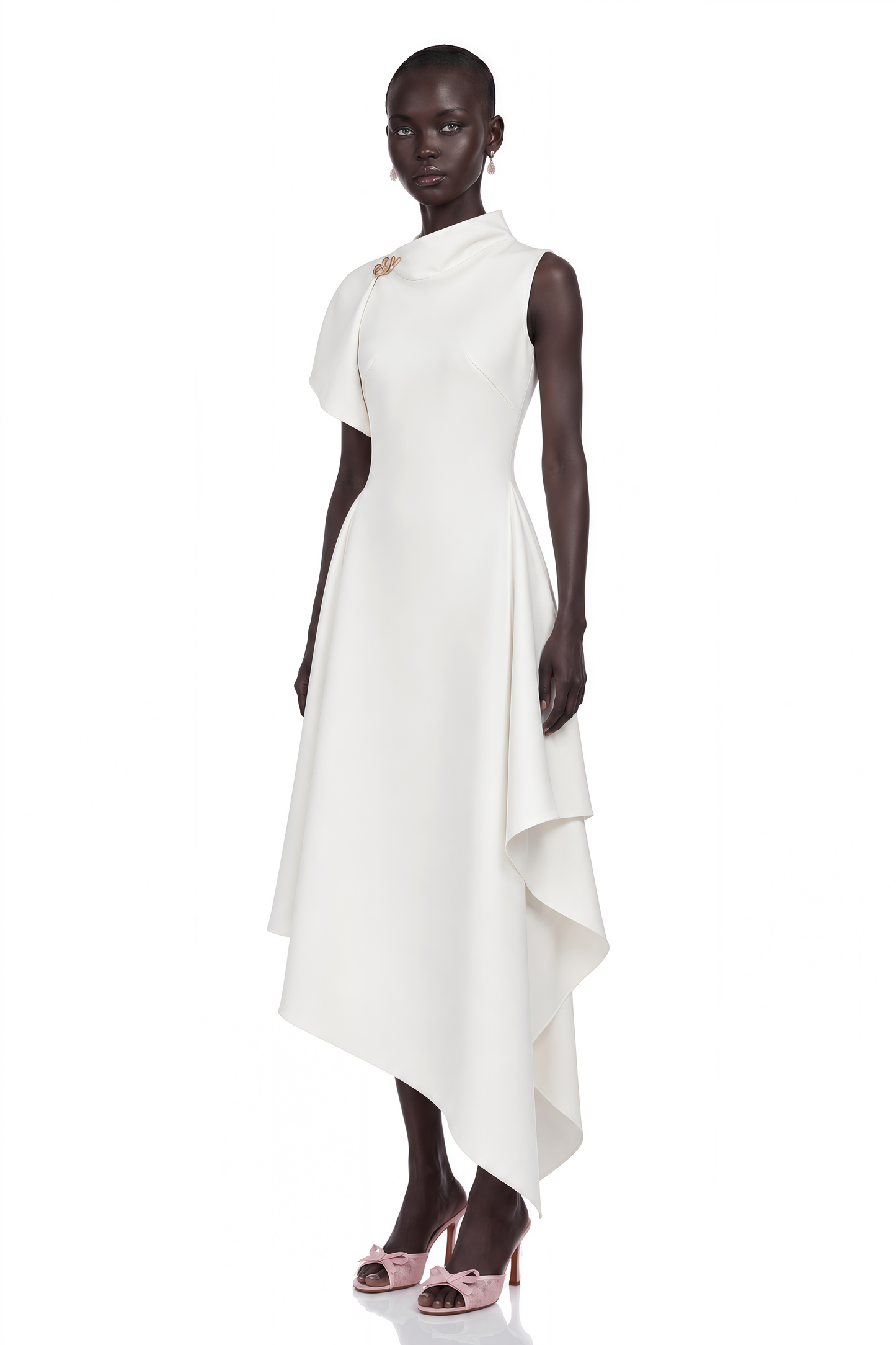 Liana White Asymmetrical Flared Midi Dress