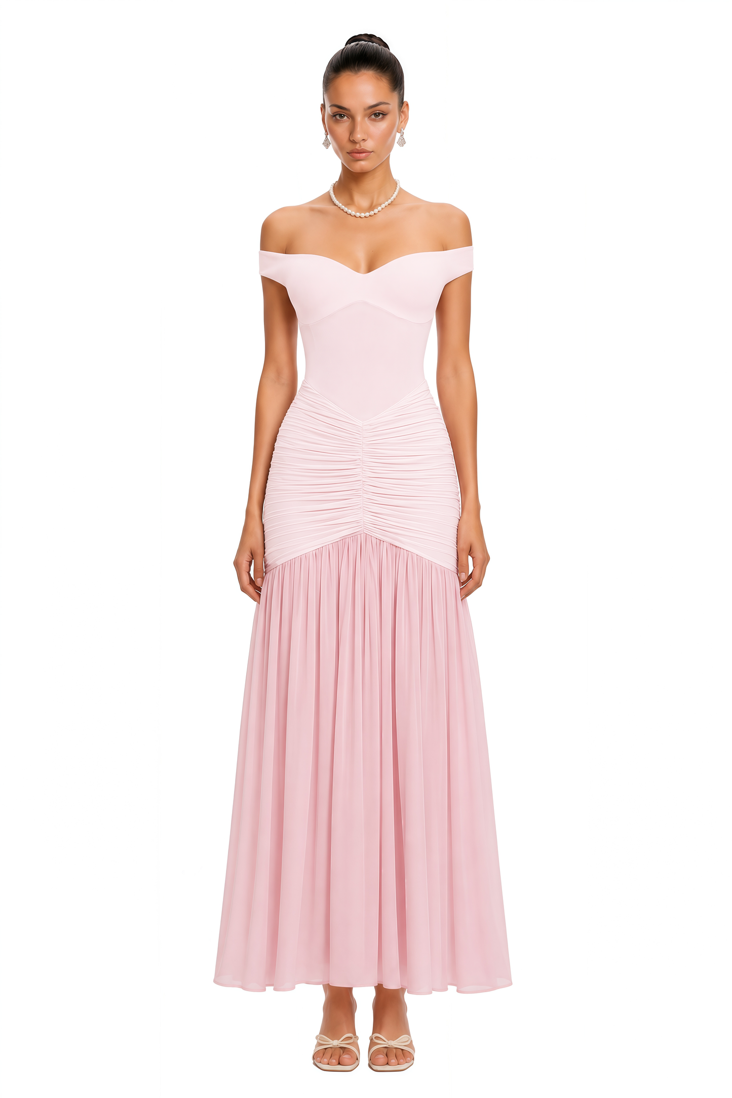 Geneviève Pink Off Shoulder Ruched Maxi Dress