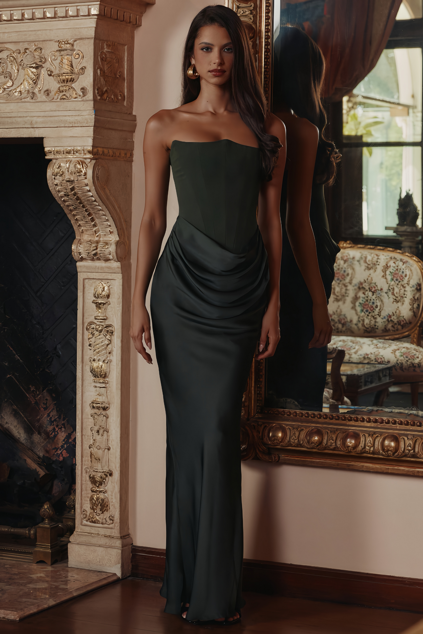 Aurore Olive Off-Shoulder Maxi Dress