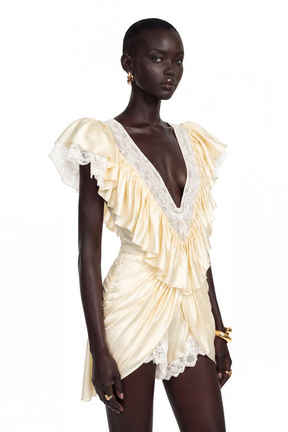 Nani Cream Plunge Neck Satin Jumpsuit with Lace Panels