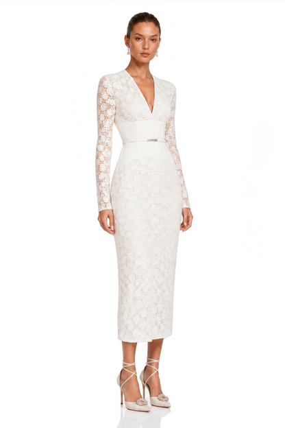 Oona White Floral Lace Pencil Midi Dress