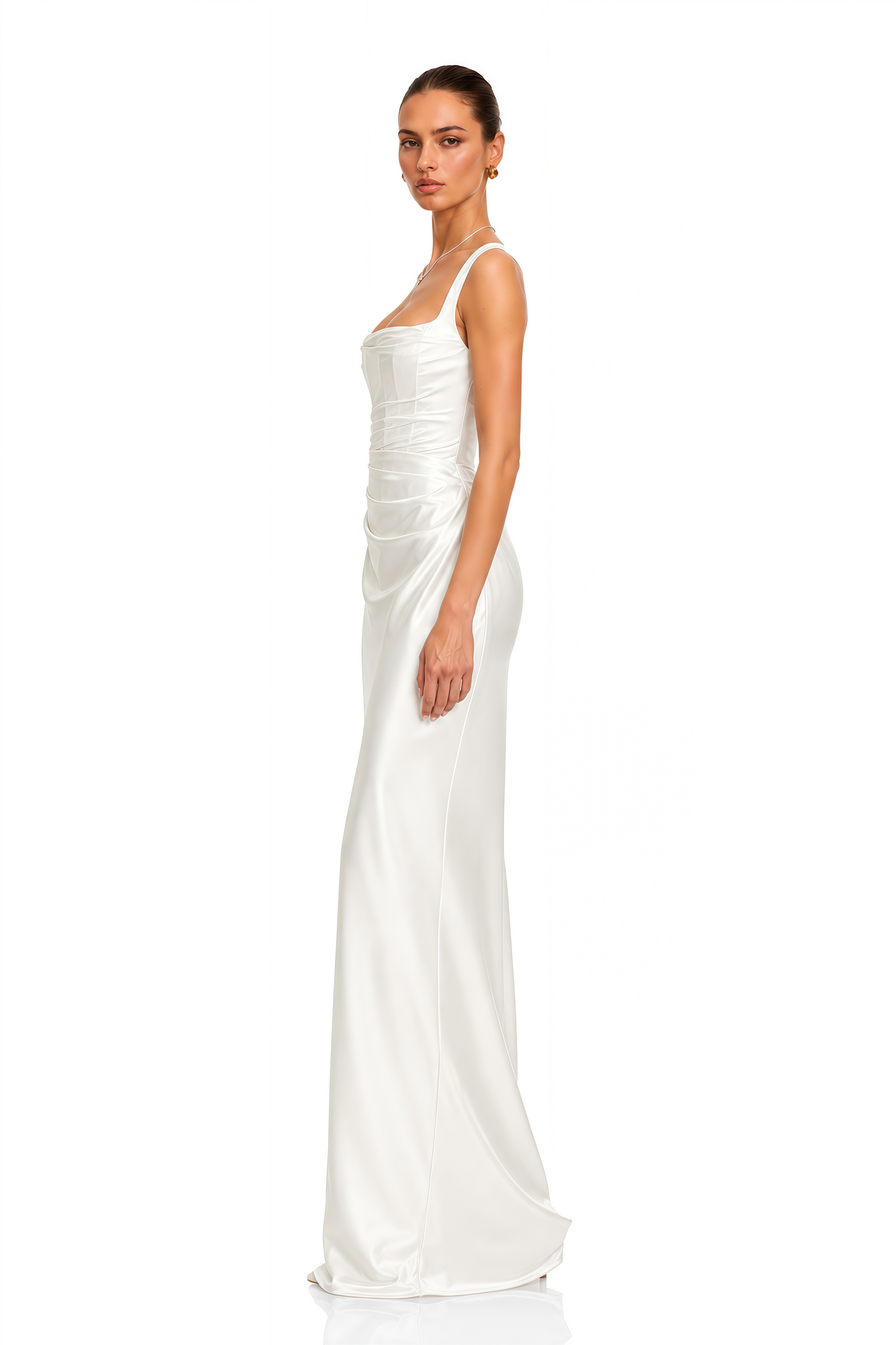 Inmaculada White Ruched Satin Maxi Dress (Without Gloves)