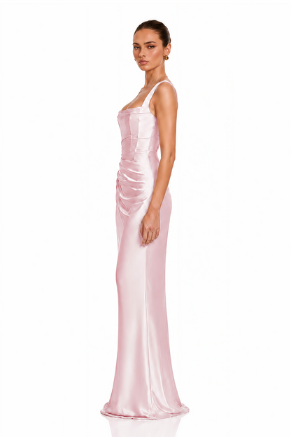 Inmaculada Pink Ruched Satin Maxi Dress (Without Gloves)
