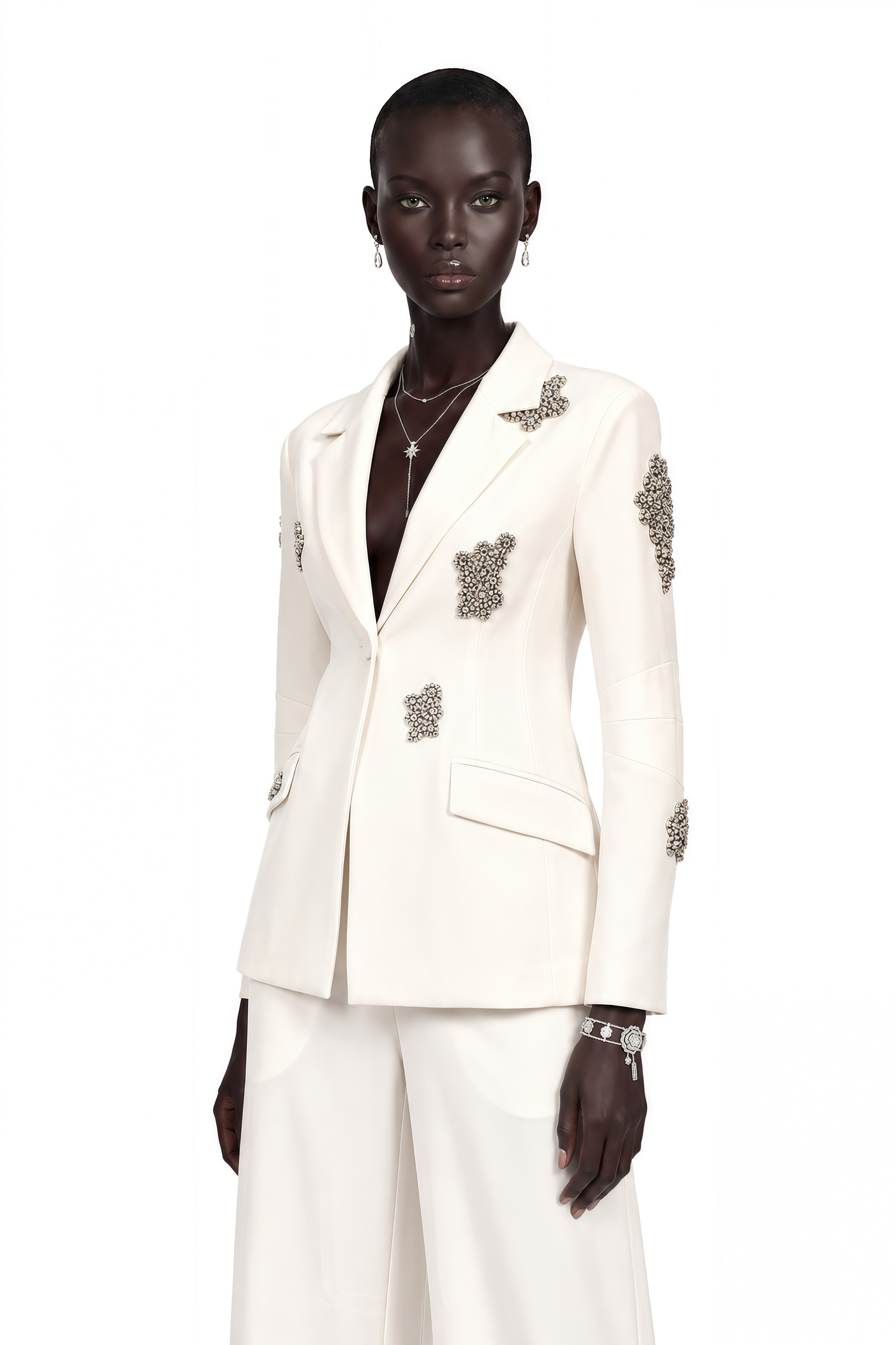 Edvige White Crystal-Embellished Blazer & Trousers Matching Set