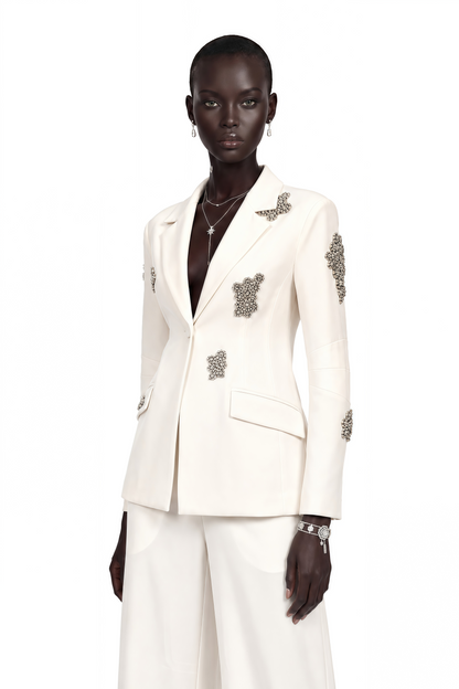 Edvige White Crystal-Embellished Blazer & Trousers Matching Set