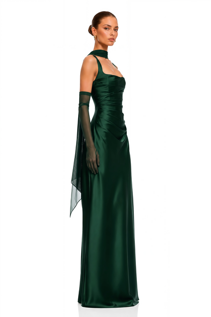 Inmaculada Emerald Ruched Satin Maxi Dress (Without Gloves)