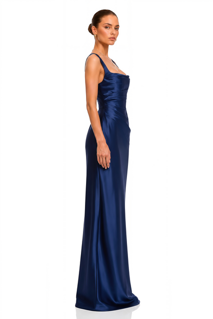 Inmaculada Sapphire Ruched Satin Maxi Dress (Without Gloves)
