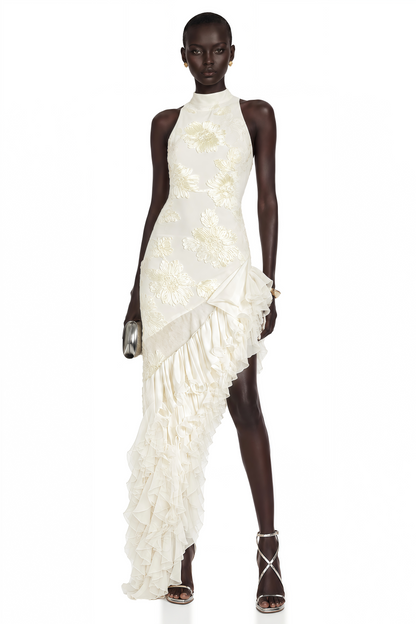 Théoline Neutral Asymmetrical Ruffled Floral Midi Dress