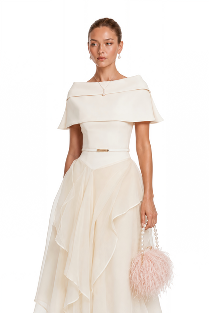 Aria White Asymmetrical Shawl & Tulle Panel Dress Set