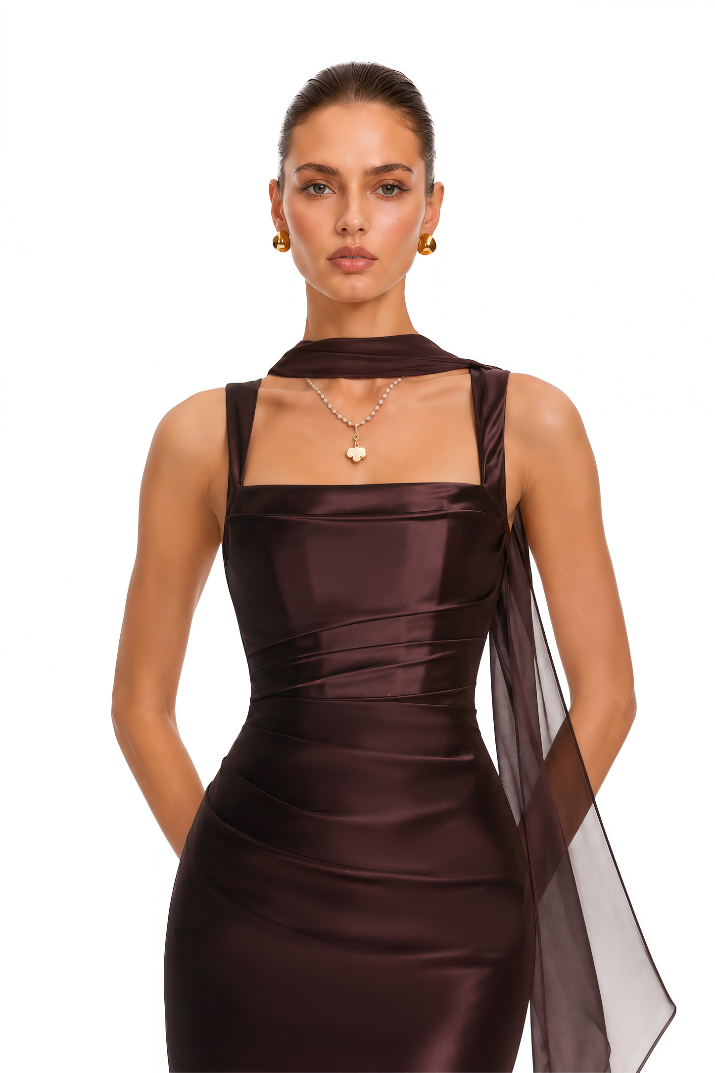 Inmaculada Brown Ruched Satin Maxi Dress (Without Gloves)