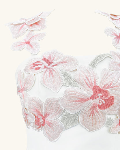 Çiçek Desenli Nakışlı Elbise - White/Pink