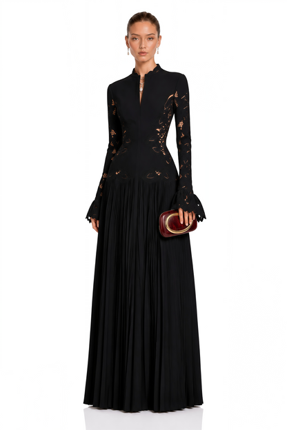Chiara Black Lace Panel Pleated Midi Dress