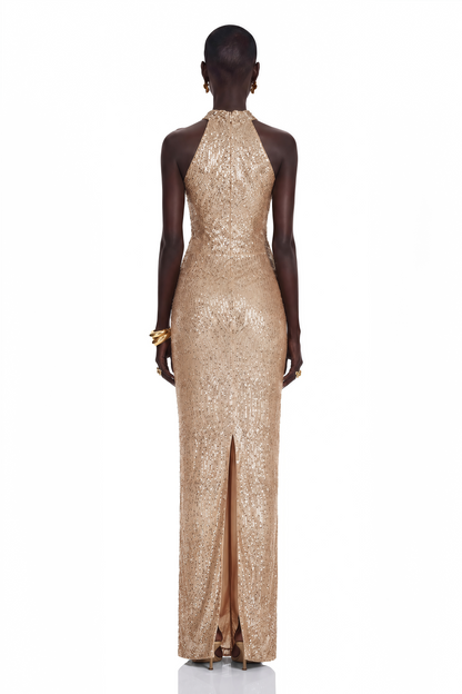 Adél Neutral Halterneck Embellished Maxi Gown