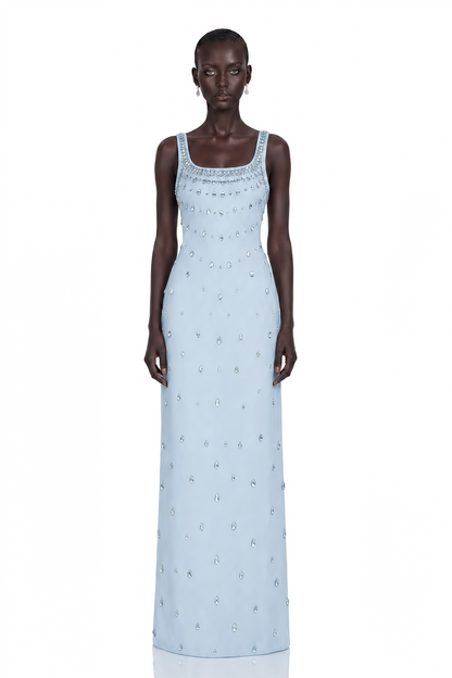 Meris Blue Crystal Embellished Maxi Gown