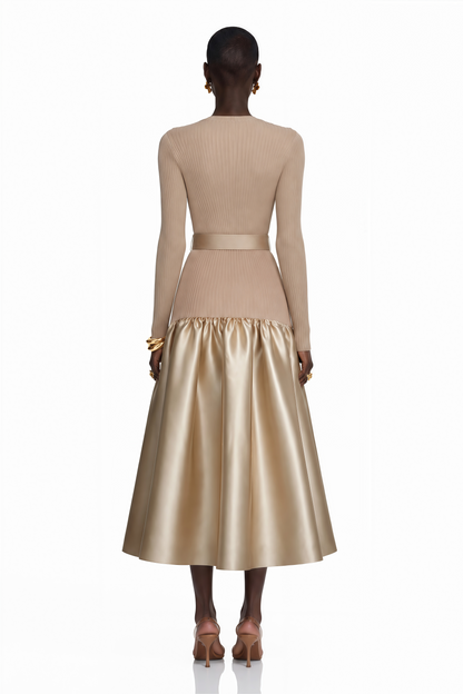 Fern Gold Satin Panel Knit Midi Dress