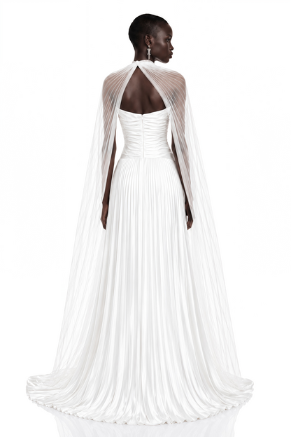 Palesa White Pleated Glossy Maxi Dress & Cape Set