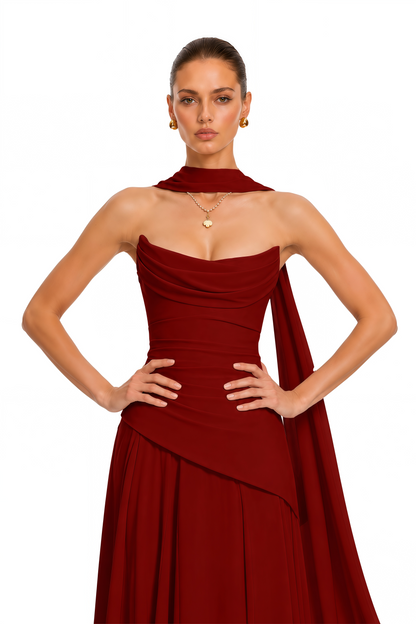 Romane Burgundy Strapless Corset Chiffon Maxi Dress