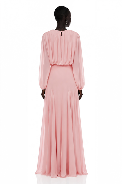 Annabelle Pink Lantern Sleeve Pleated Maxi Dress