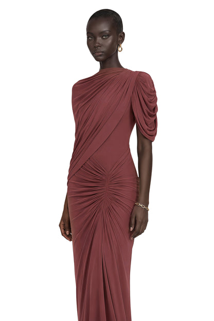 Liliana Brown Asymmetrical Ruched Cape Maxi Dress