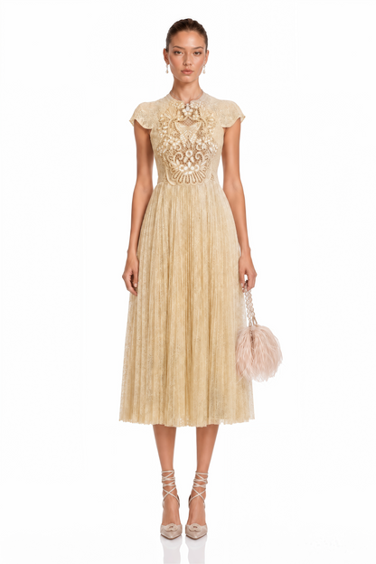Nerissa Embroidered Pleated Midi Dress
