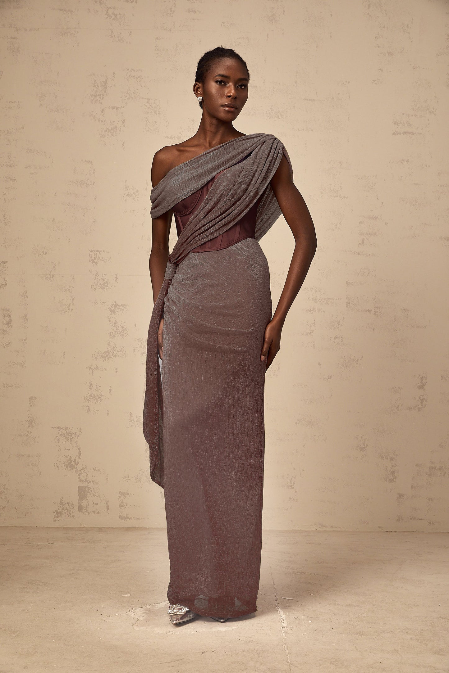 Delphine ribbon-design corset maxi dress in Brown