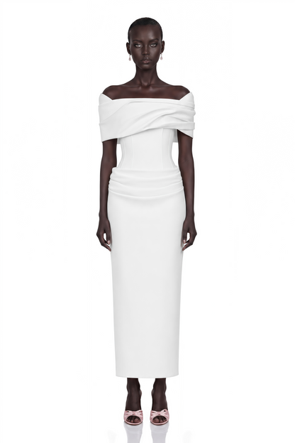 Solara White Draped Midi Dress