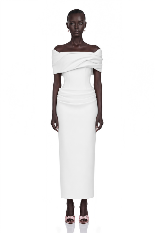 Solara White Draped Midi Dress