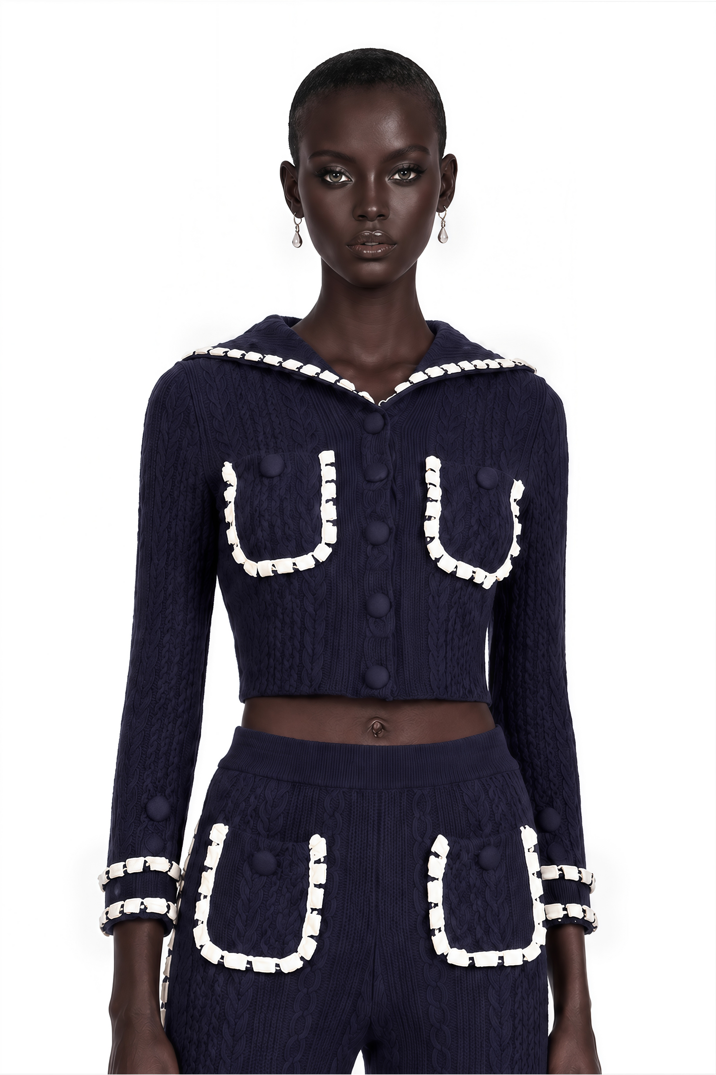 Elvira Navy Blue Crochet-Knit Cardigan & Trousers Matching Set