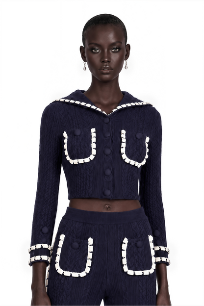 Elvira Navy Blue Crochet-Knit Cardigan & Trousers Matching Set