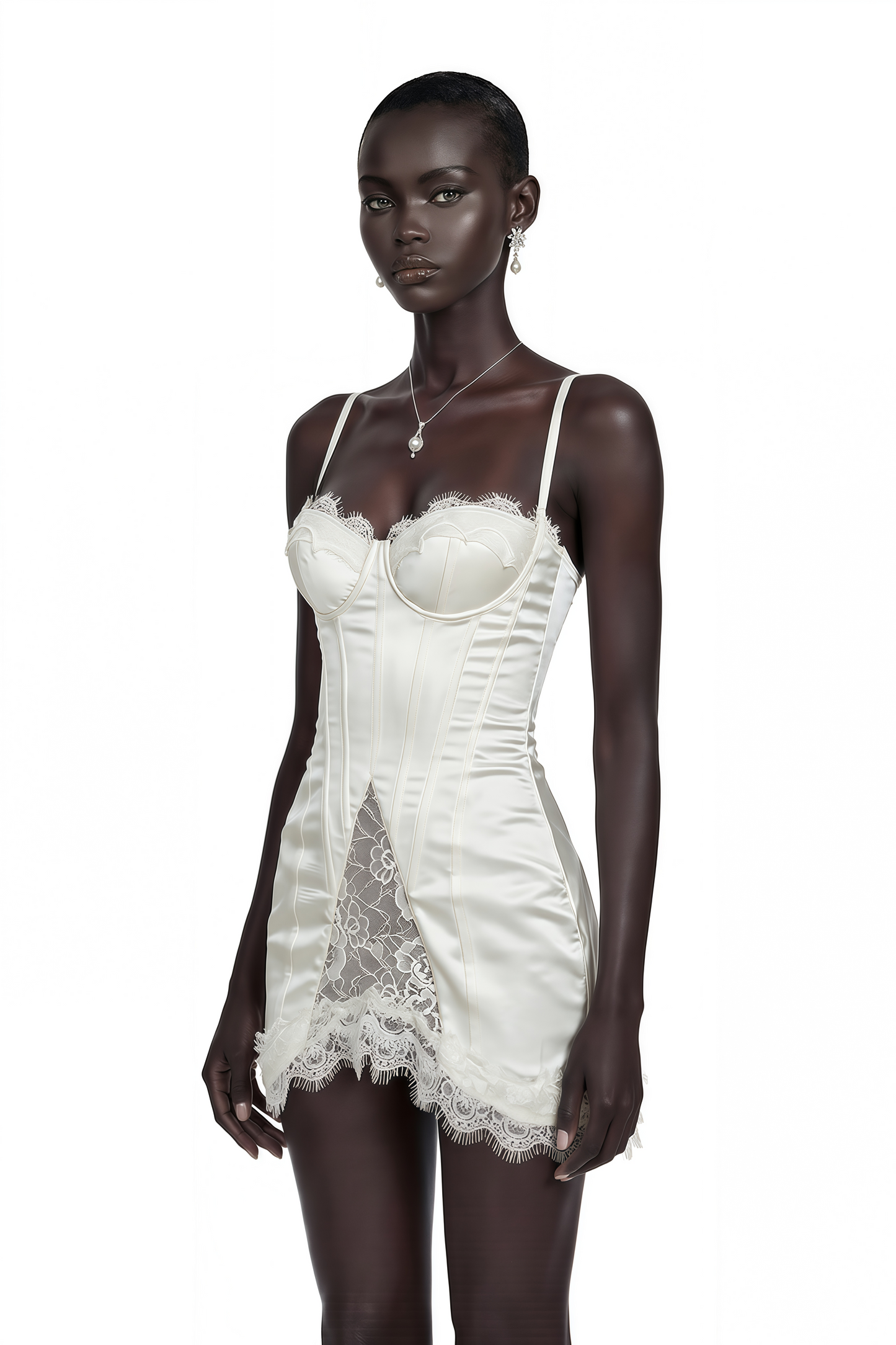 Juliette White Satin Mini Dress with Lace Panels