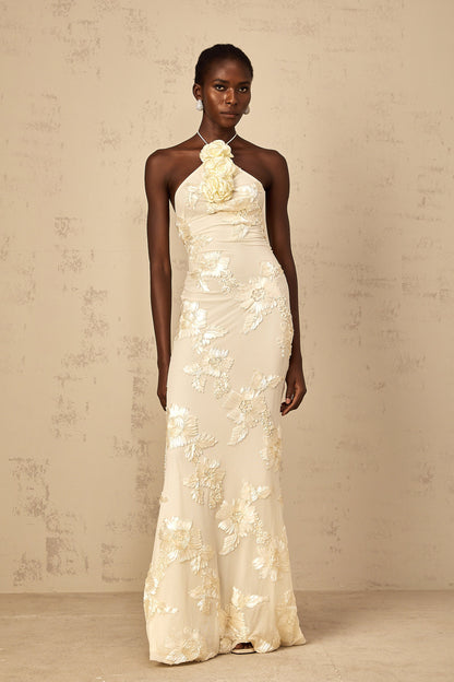 Melanie Neutrals Embroidered Halterneck Maxi Dress