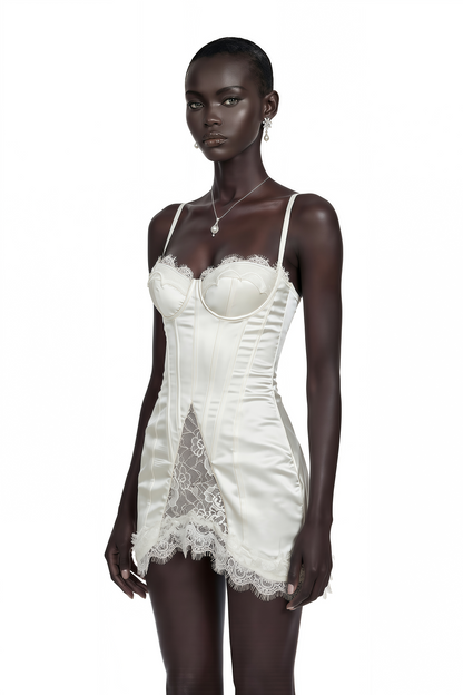 Juliette White Satin Mini Dress with Lace Panels