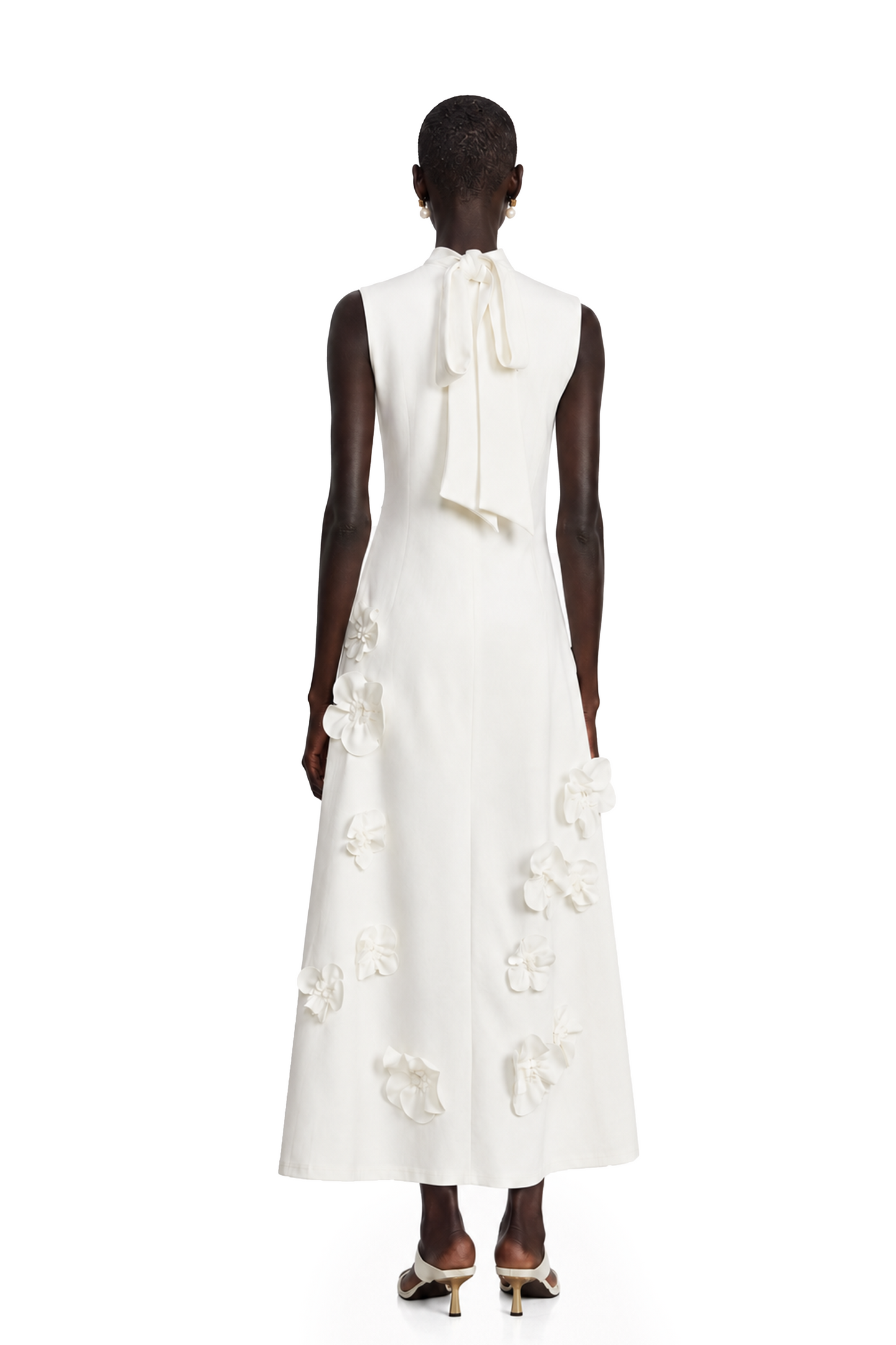 Magali White Sleeveless Maxi Dress with Faux Flower & Bow-Tie Embellishment