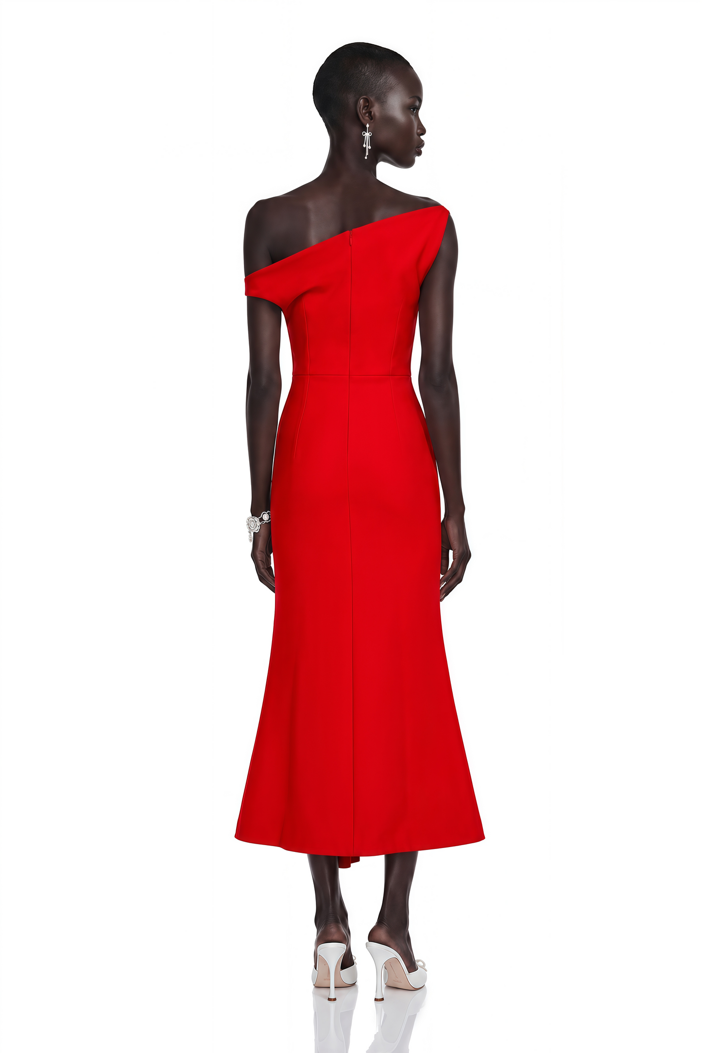 Laurine Asymmetrical Draped Midi Dress in Red