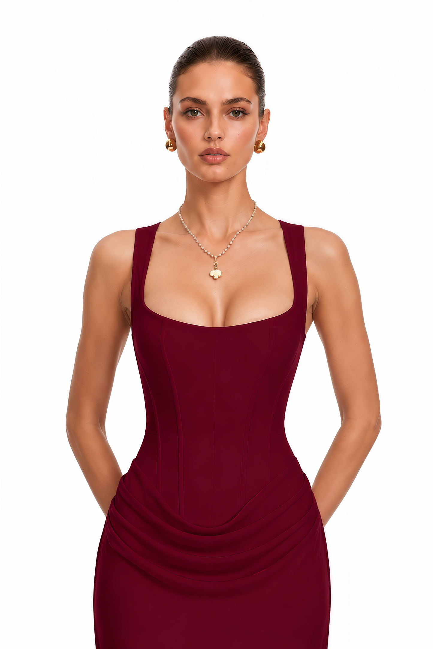 Paulette Red Ruched Corset Maxi Dress