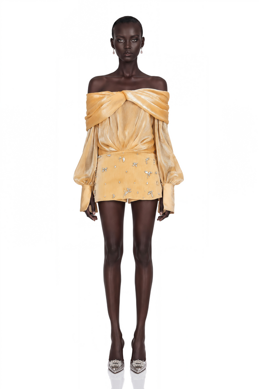 Adelina Gold Crystal-Embellished Paneled Mini Dress