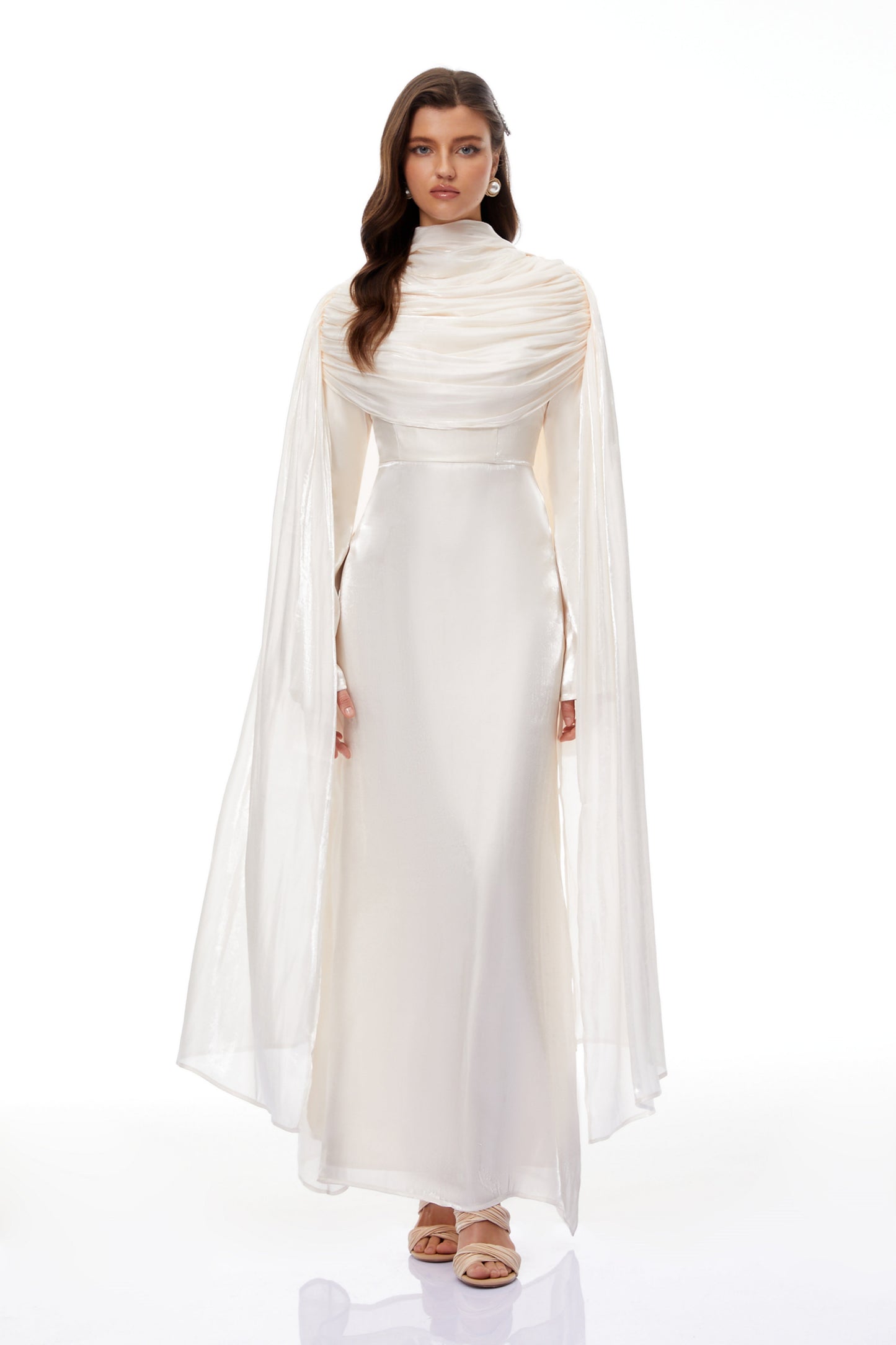 Hege Cream Glossy Ruched Cape Maxi Dress