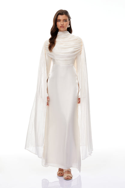 Hege Cream Glossy Ruched Cape Maxi Dress