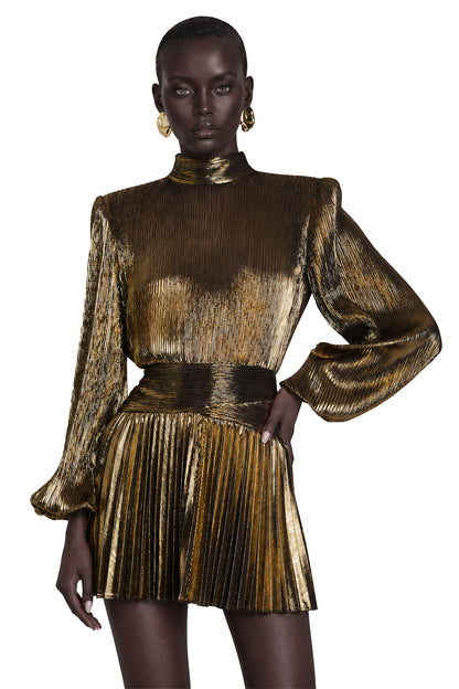 Dineo Antique Gold High Neck Pleated Mini Dress