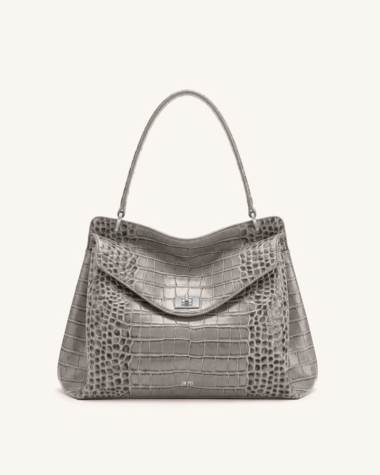 Lucia Turn-Lock Shoulder Bag - Grey Croc