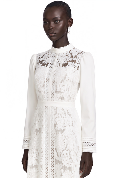 Madeleine White Paneled Embroidered Midi Dress